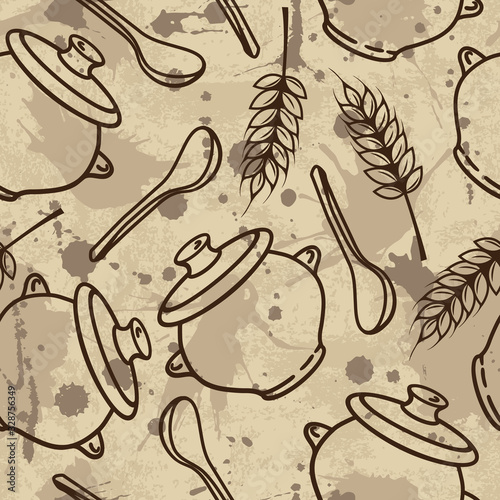 Vector seamless pattern with spikes, pots and spoons