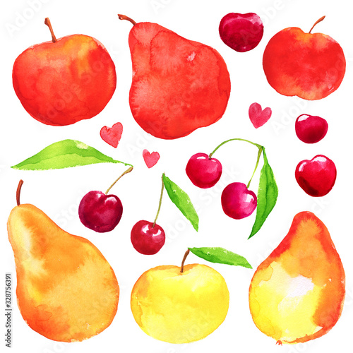 Fototapeta Naklejka Na Ścianę i Meble -  Fruit summer apple pear cherry cherry leaves watercolor stain bright childrens isolated set