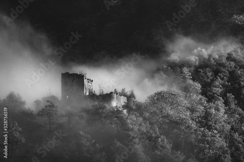Mysterious and disturbing ruined castle in the mist