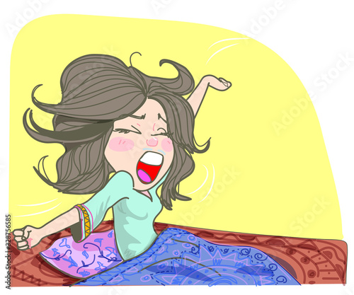 The girl woke up Being sluggish, wanting to continue sleeping, yawning, stretching