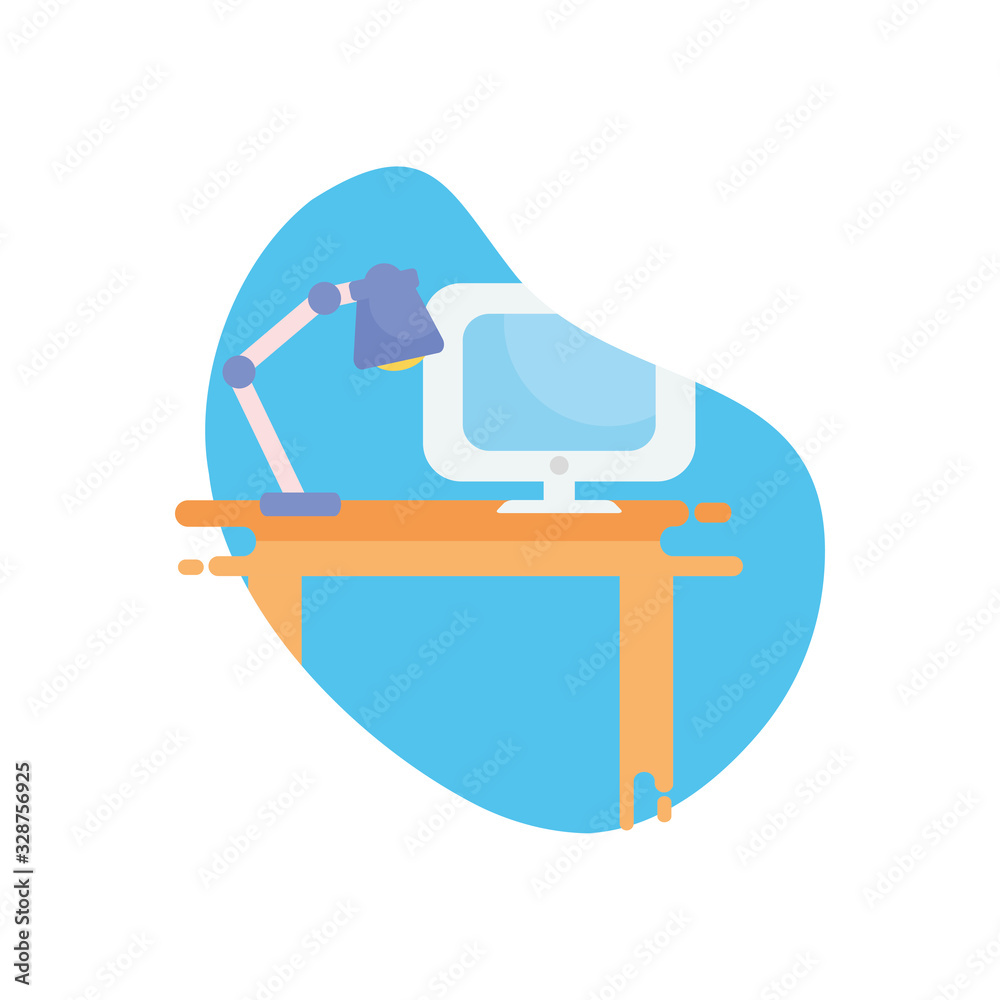 Fototapeta premium computer and lamp over table flat block style icon vector design