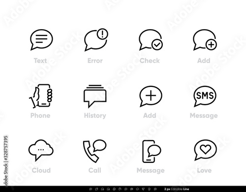 Text Chat Dialog Box icon. History Phone Message, Cloud, Love set editable line vector icons on white