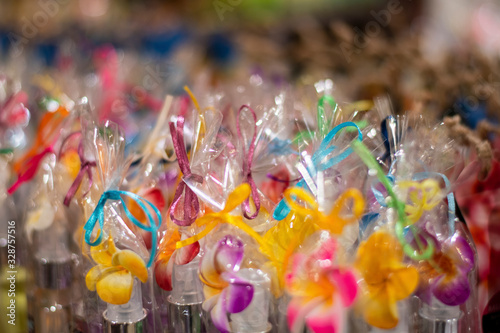 Colourful gift knots in souvenir shop during the valentines day with nice decoration