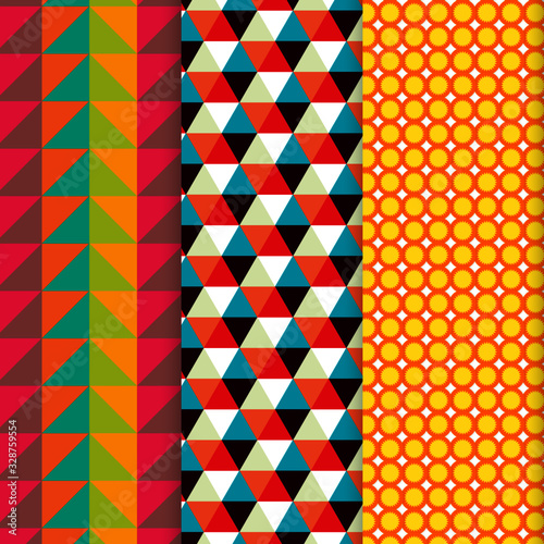 Textura de triángulos, textura de hexágonos y patrón con soles naranja