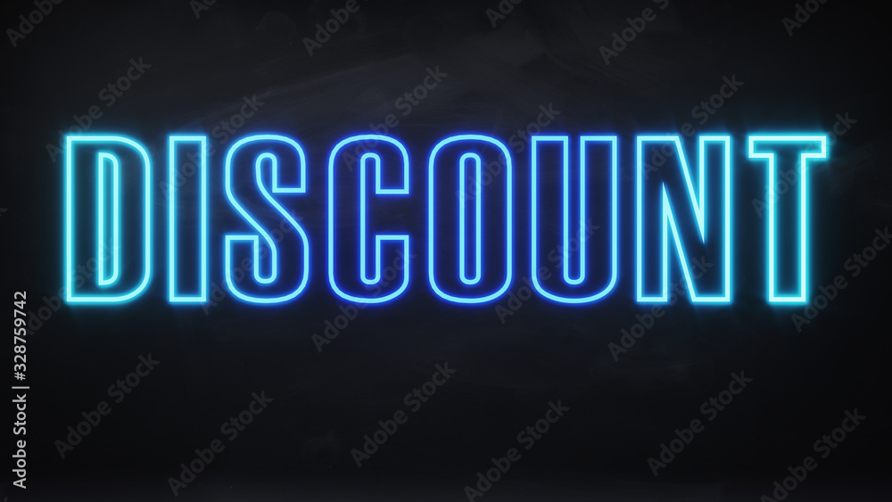 Glowing blue discount sign / text on black background, 3D Illustration
