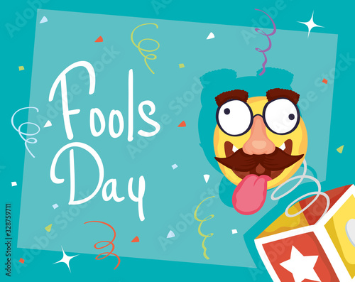 happy april fools day card with surprise box and crazy emoji