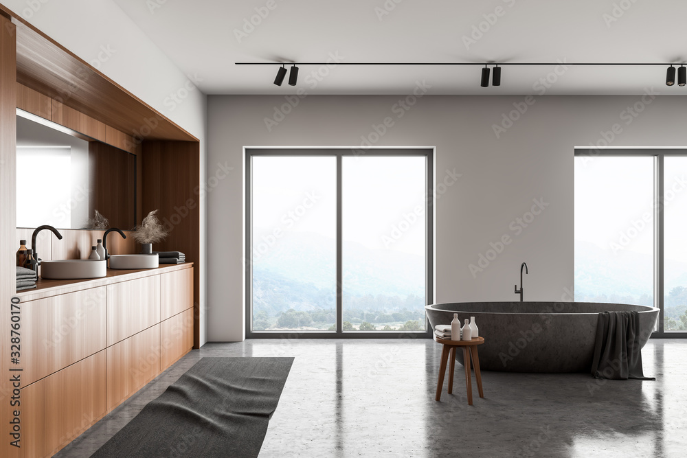 Fototapeta premium Spacious white and wooden bathroom interior