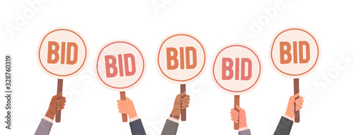 Auction bidding. Hands holding bids. Auction and bidding concept. Sale and buyers. Vector illustration