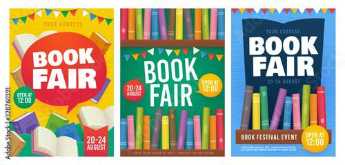 Book Fair poster event Invitation. Bookshelf. Book Festival flyer. Vector illustration