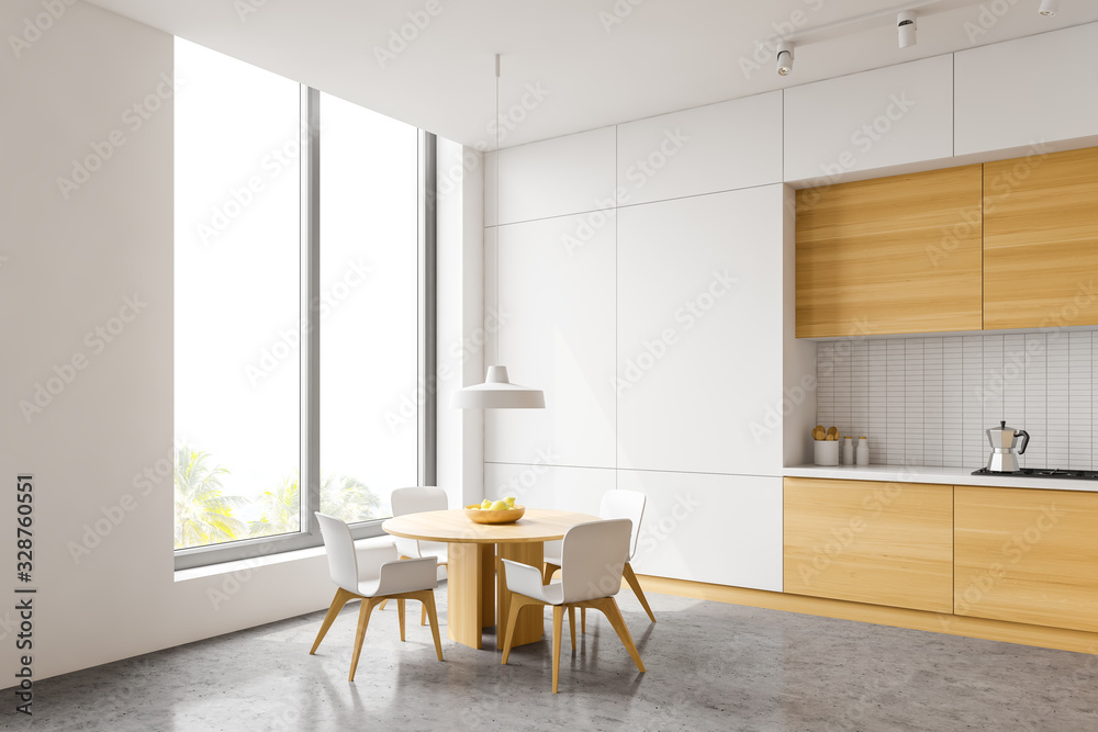 Fototapeta premium White and wood kitchen corner, table and window