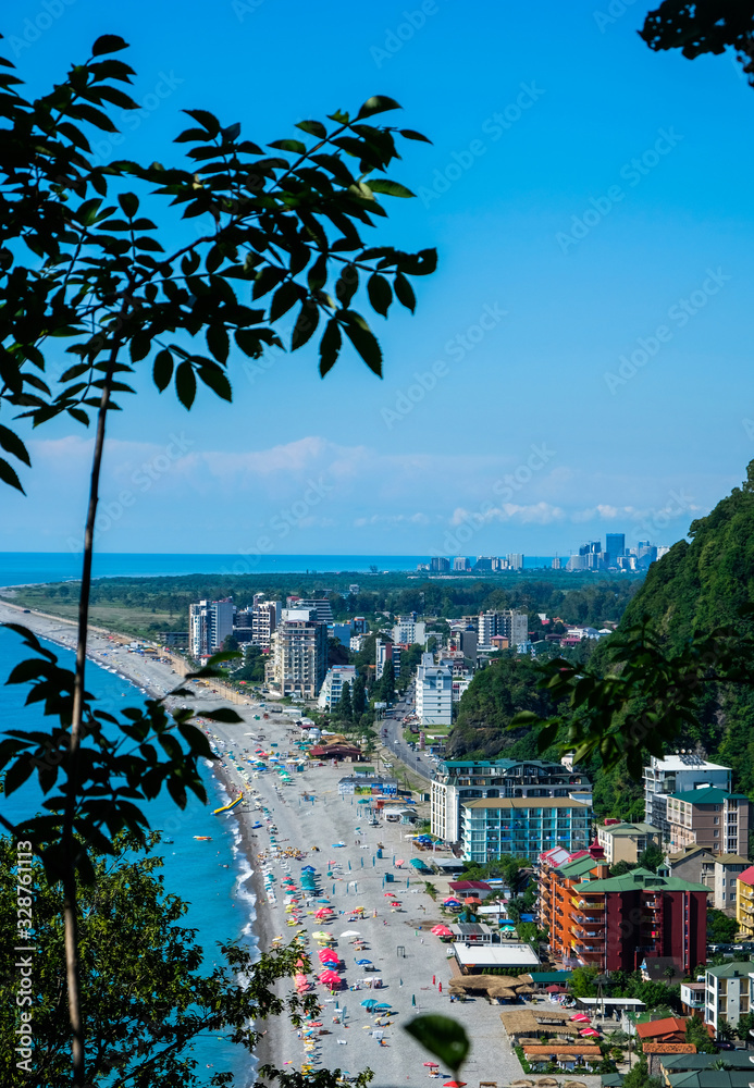Obraz premium Areal panorama of Kvariaty and Batumi city, Georgia. View on town near sea. Blue water and long beach.