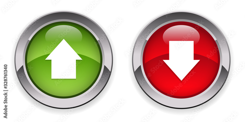up and down button icon silver metallic glossy icons, red, green set of modern design buttons isolated on white background up and down button icon silver metallic glossy icons, red, green set of modern design buttons isolated on white background