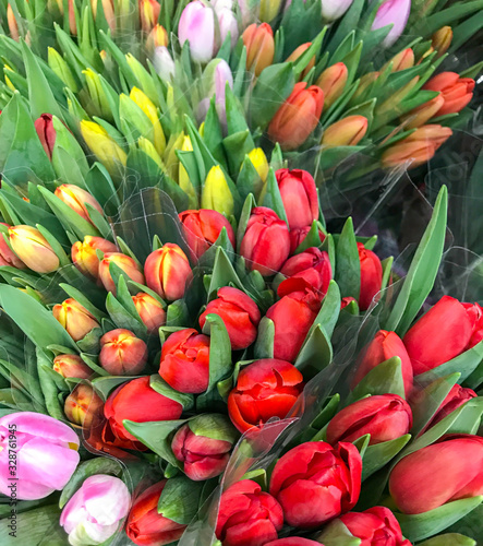 Colorful tulips for sale at market.