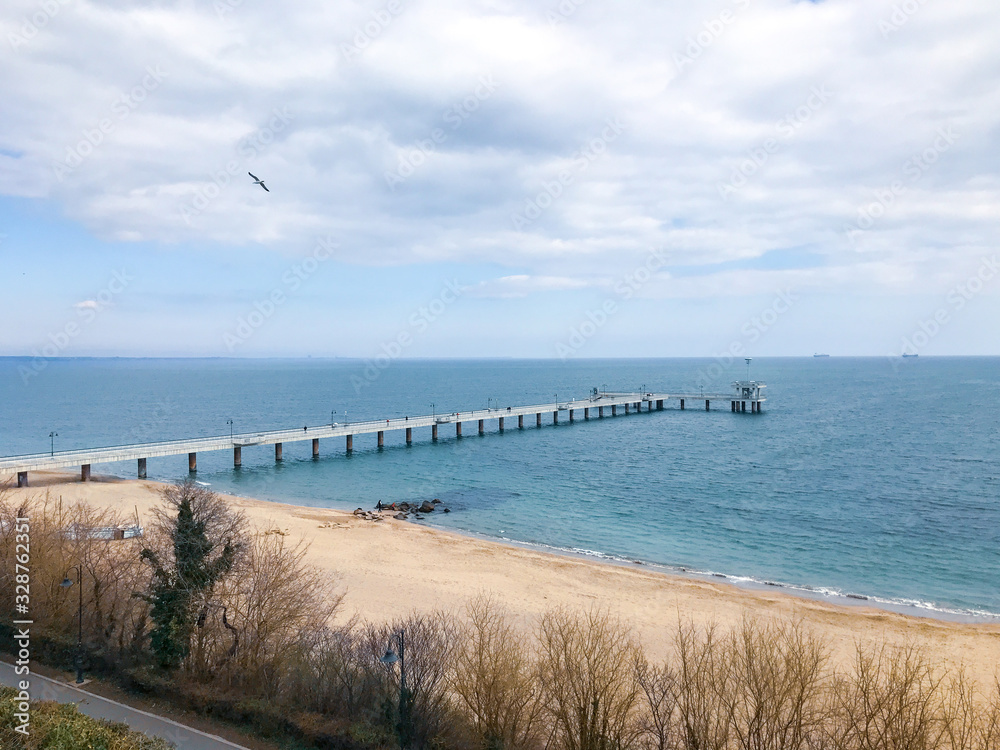 Beautiful view from the terrace to the beach and bridge in Burgas, Bulgaria.