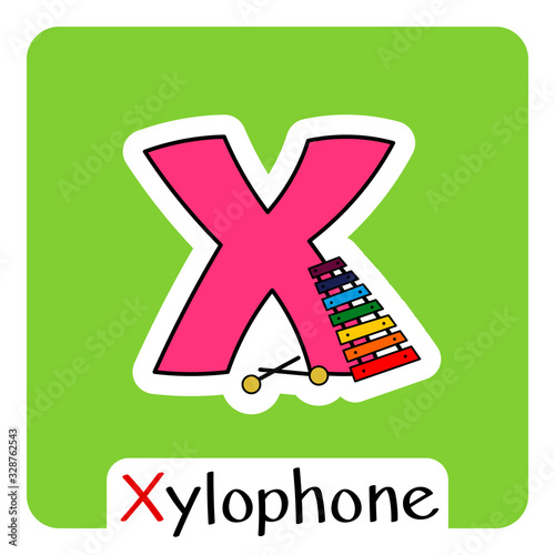 Alphabet for kids english letter X with xylophone image vector isolated colorful illustration