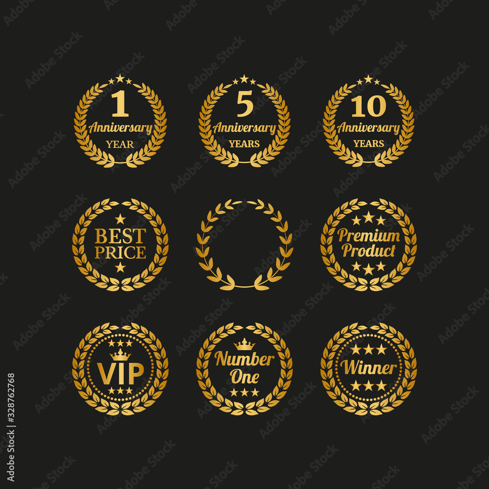 Set of golden laurel wreaths on black background.