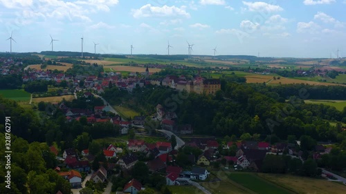 Aerial view of the village Kirchberg an der Jagst in Germany on a sunny day. Wide view with zoom in. photo