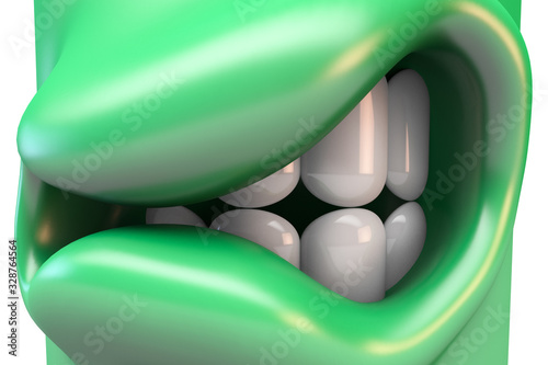 Funny green cartoon character smiles maliciously. Part of the face of a virtual character close-up. 3D rendering photo