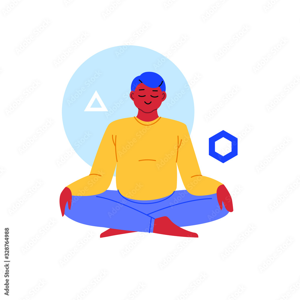 Flat illustration of a person practicing yoga with geometric background