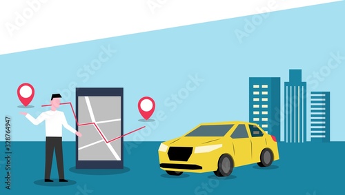 Order a taxi online with the mobile app vector illustration. Flat design