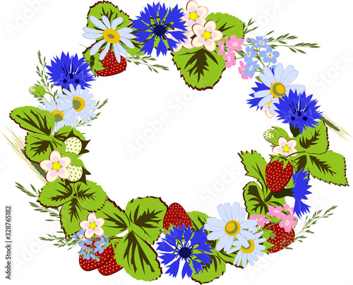 Fototapeta Naklejka Na Ścianę i Meble -  Vector illustration in flat style. Composition in the shape of a ring of strawberries and wildflowers. In the center you can place your text or photo.