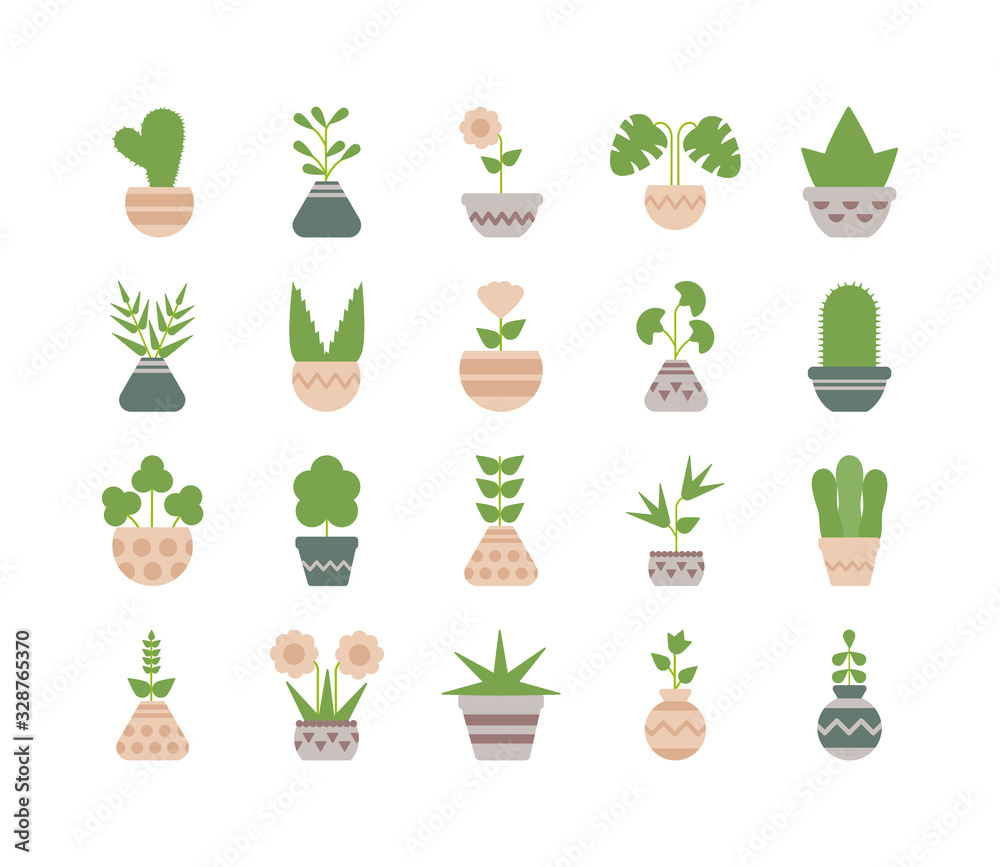 set of icons houseplants with potted set of icons houseplants with potted
