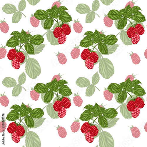 Vector seamless background. Image of raspberries, berries and leaves.