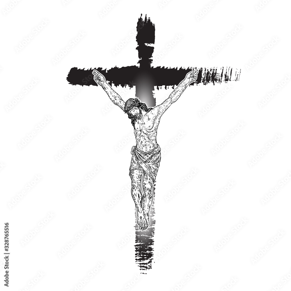 Jesus on cross painted with ink brush. Son of God Jesus Christ from ...