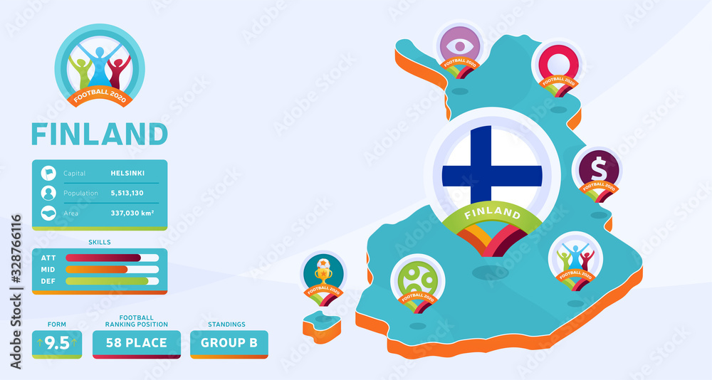 Isometric map of Finland country vector illustration. Football 2020 tournament final stage infographic and country info. Official championship colors and style