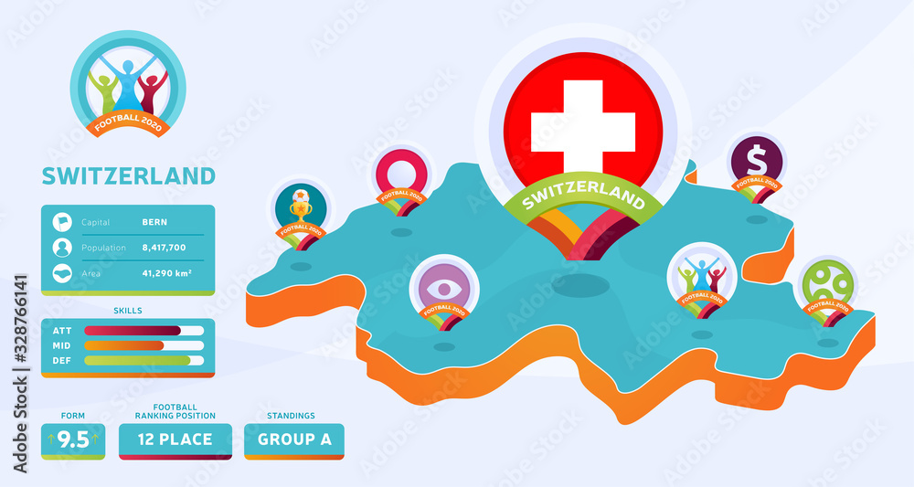 Isometric map of Switzerland country vector illustration. Football 2020 tournament final stage infographic and country info. Official championship colors and style Isometric map of Switzerland country vector illustration. Football 2020 tournament final stage infographic and country info. Official championship colors and style