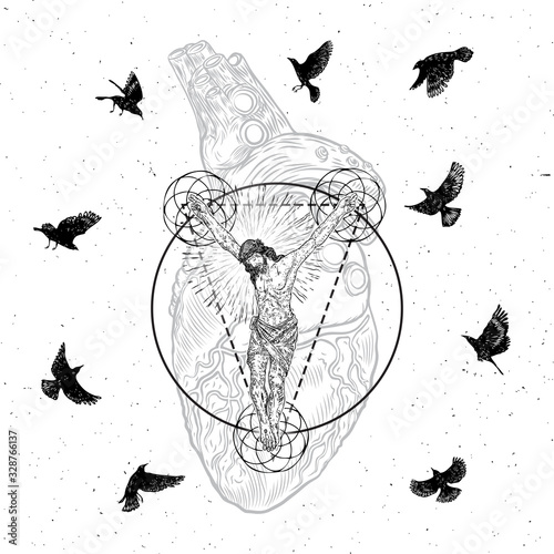 Jesus Christ crucified on sacred geometry mandala circles sacred heart and raven or crow birds flock flying around. Symbol of Christianity prayer, religion. Mystical spiritual experience. Vector.