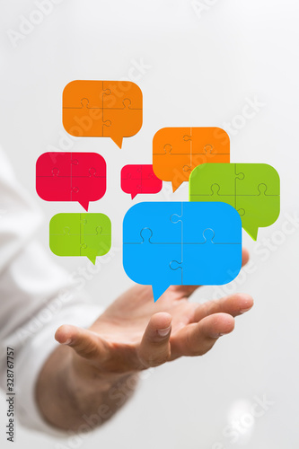 Digital icons with colorful dialog speech bubbles.