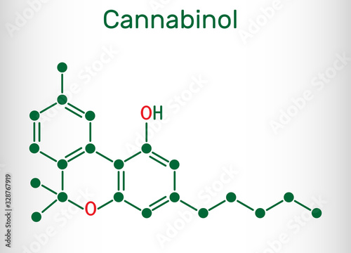 Cannabinol, CBN molecule. Weak psychoactive cannabinoid,  is a metabolite of tetrahydrocannabinol. Structural chemical formula