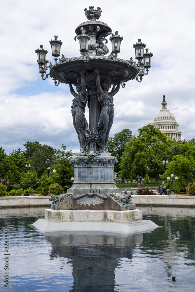 The Bartholdi Fountain in the Botanical Gardens Washington DC, with the Capitol Building in the background