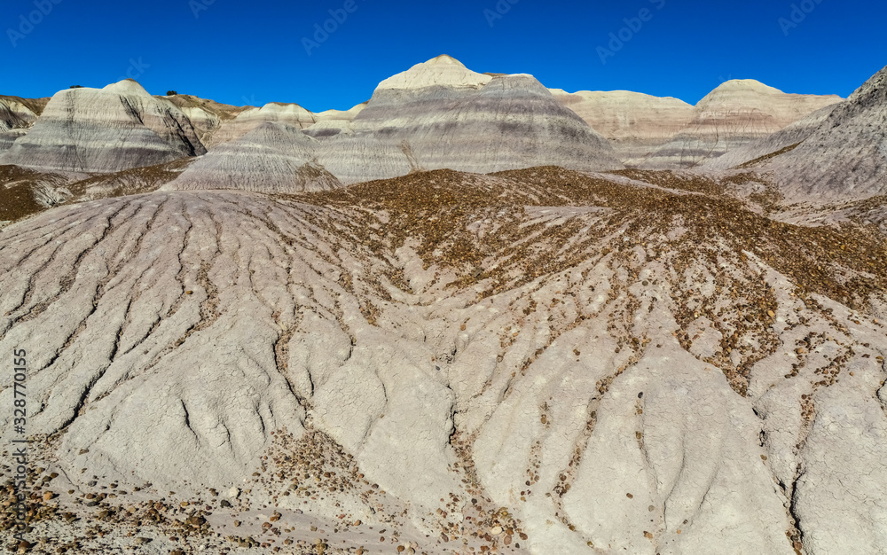 The Painted Desert on a sunny day. Diverse sedimentary rocks and clay washed out by water. Petrified Forest National Park, USA,  Arizona
