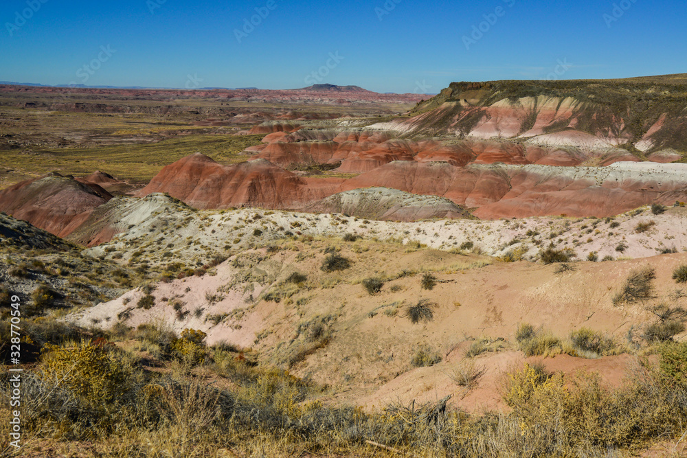 Arizona mountain eroded landscape, Petrified Forest National Wilderness Area and Painted Desert.