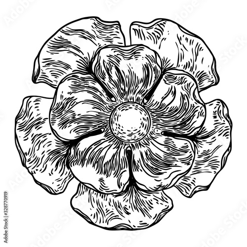 Vintage hand drawn baroque Victorian round flower bloom tattoo, floral head ornament, engraved ink art for retro pattern and gothic decorative design filigree. Vector.