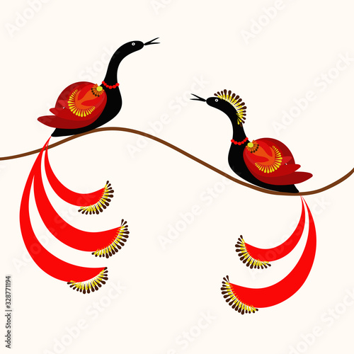 Vector illustration of two phoenix birds on branch. Stylized red and black peacocks couple. Traditional Ukrainian folk style painting (Petrykivka art). Design element for decor, greeting card, print