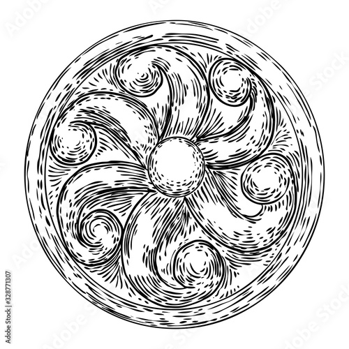 Vintage hand drawn baroque Victorian round flower bloom tattoo, floral head ornament, engraved ink art for retro pattern and gothic decorative design filigree. Vector.