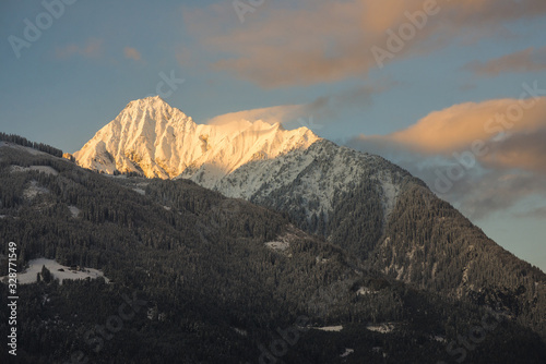 Evening landscape  view of the Austrian town Mayrhofen in Tirol.
