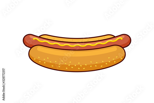 Cartoon fast food hotdog with black linear border. Hot dog sausage in bread bun with mustard flat vector illustration