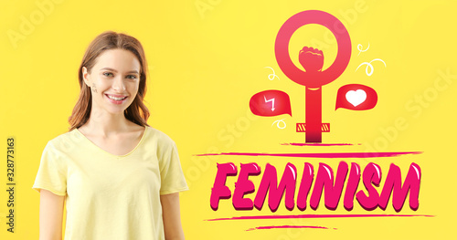 Young woman and word FEMINI...
