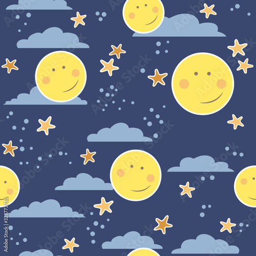 Vector seamless childish pattern with moons, stars and clouds