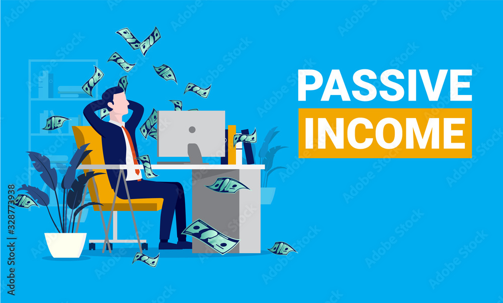 Passive income. Man relaxing in front of computer while money raining down. Financial freedom, easy money and investor concept. Vector illustration. Passive income. Man relaxing in front of computer while money raining down. Financial freedom, easy money and investor concept. Vector illustration.