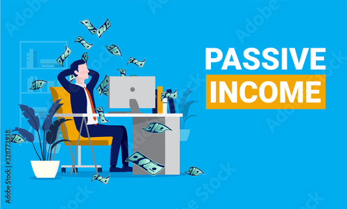 Passive income. Man relaxing in front of computer while money raining down. Financial freedom, easy money and investor concept. Vector illustration.