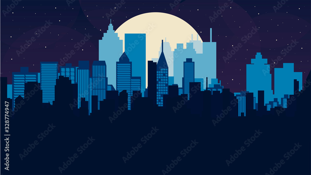 City at night with full moon and stars