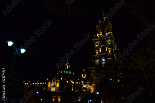 Beautiful nightscape view of the Morelia Cathedral