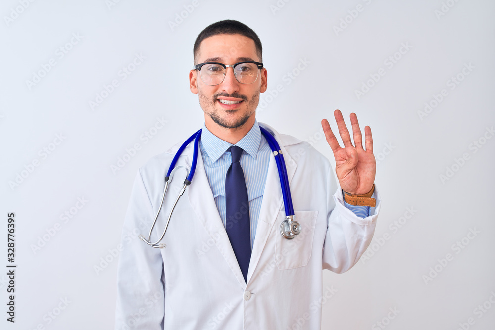 Young doctor man wearing stethoscope over isolated background showing and pointing up with fingers number four while smiling confident and happy. Young doctor man wearing stethoscope over isolated background showing and pointing up with fingers number four while smiling confident and happy.