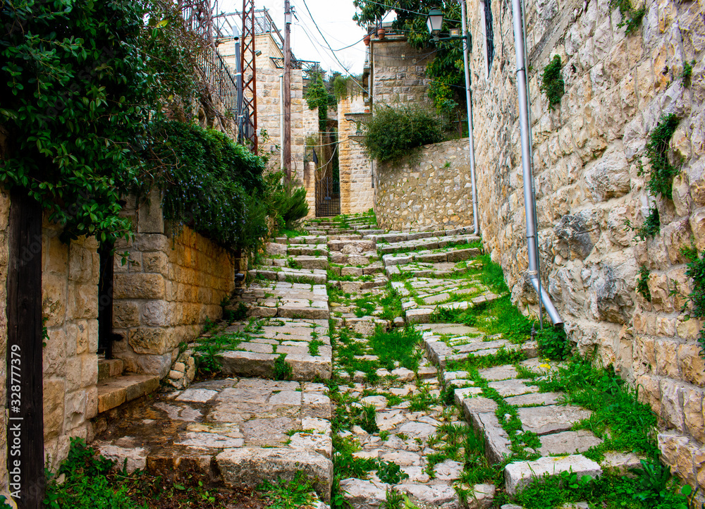 Narrow cobble stone path in the medieval Lebanon mountain town of Deir El Qamar