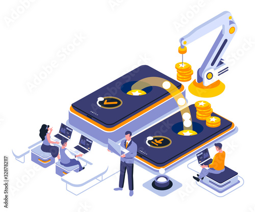 Mobile banking landing page vector template. Online smartphone payment website header UI layout with isometric illustration. Digital currency transaction web banner isometry concept